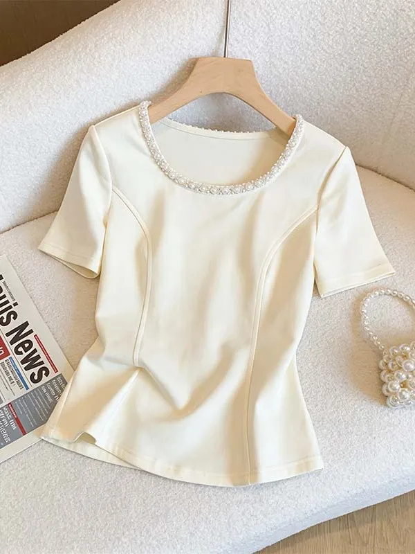 

plus Size Summer T-Shirt U-Neck Short Sleeve Women's Fashionable Body Shape Highlighting Korean Design Sense Pearl Embellished