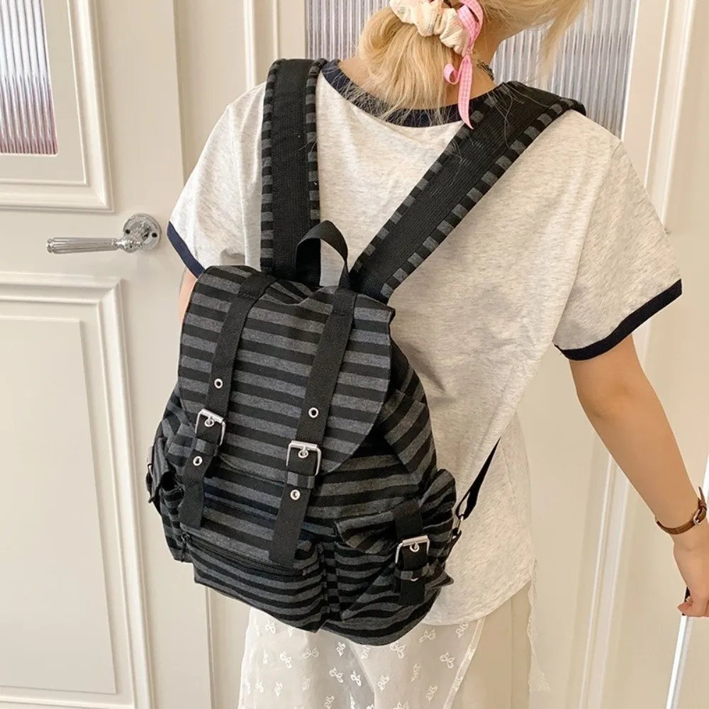 Fashion Large Capacity Striped Backpack Y2K Korean Style Students Schoolbag Multi-pocket Cloth Hiking Camping Bag College