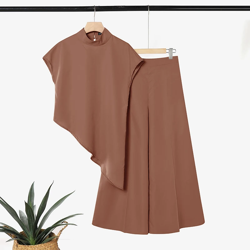 Stylish Summer 2 Pieces Sets ZANZEA Women Stand Neck Short Sleeve Irregular Hem Tops Wide Leg Pant Sets Elegant OL Work Outfits