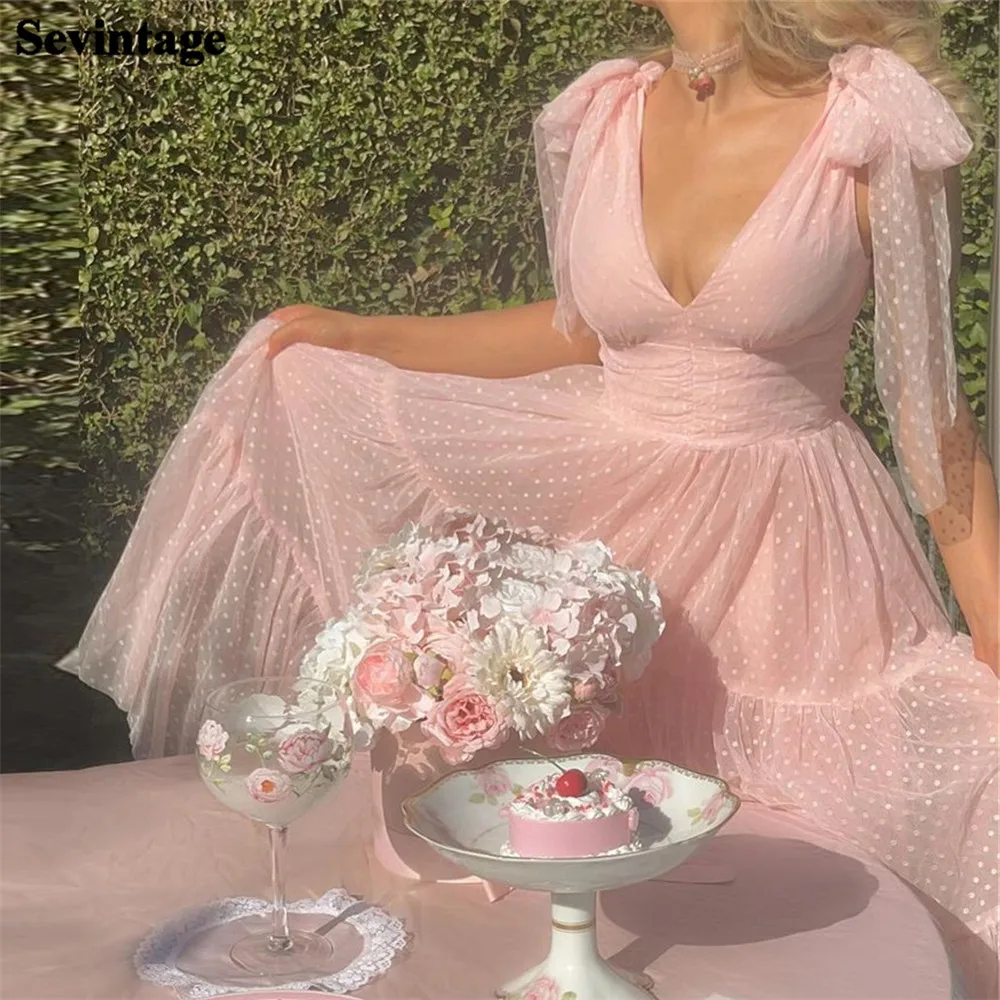 

Sevintage Baby Pink Tulle Prom Dresses Deep V-Neck Pleat Ruched Above Knee Mini Gowns Homecoming Dress Graduation Party 2023