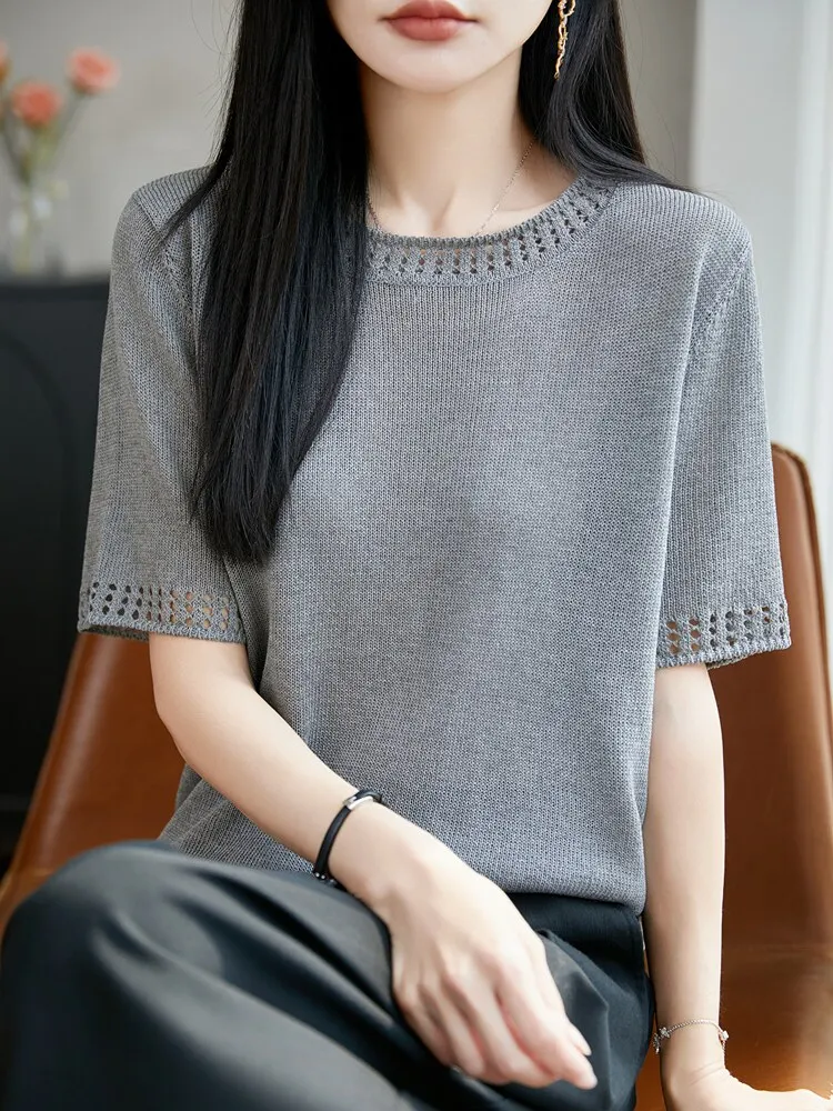 

Breathable Loose Women's Casual Knitted Short Sleeve T-shirt round Neck Design Summer New Arrival Soft Comfortable Fit for All