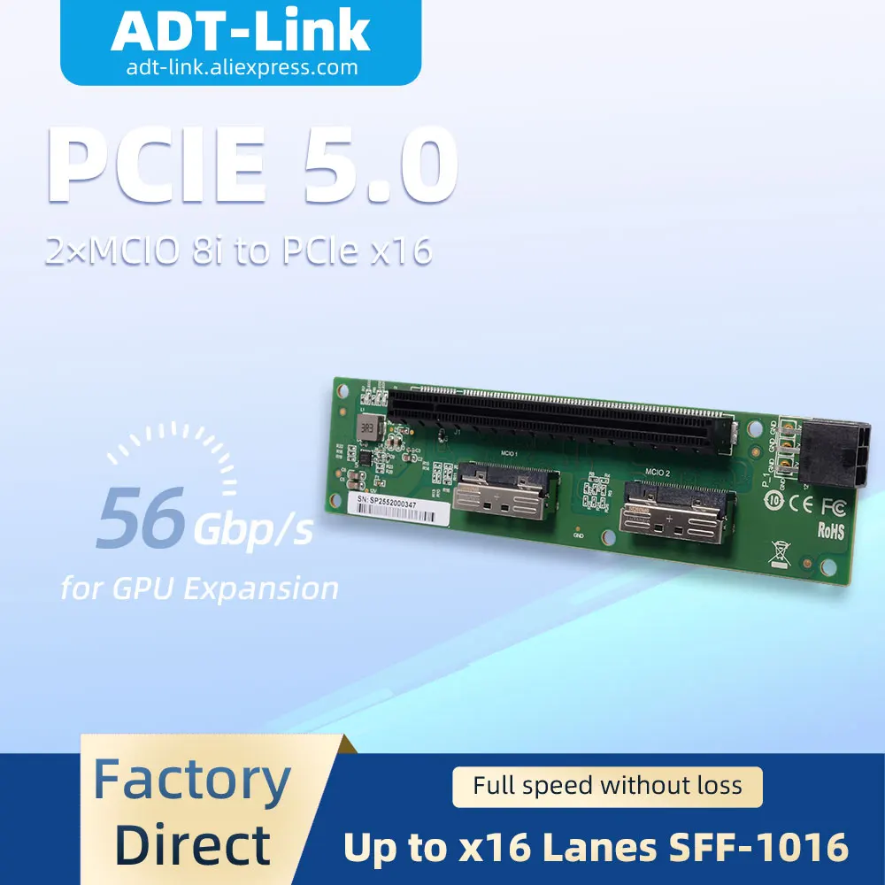 PCIe 5.0 2*MCIO 8I to PCIe 16X Riser Card External Extension Adapter Up to Full 16X Bandwidth High Speed Stable Transmission