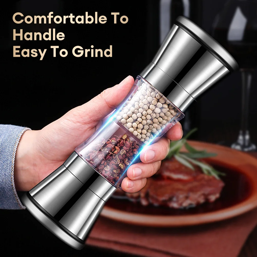 Double-headed Grinding Bottle Two-in-one Pepper Grinder Stainless Steel Sea Salt Spice Manual Two-head Grinder Kitchen Gadgets