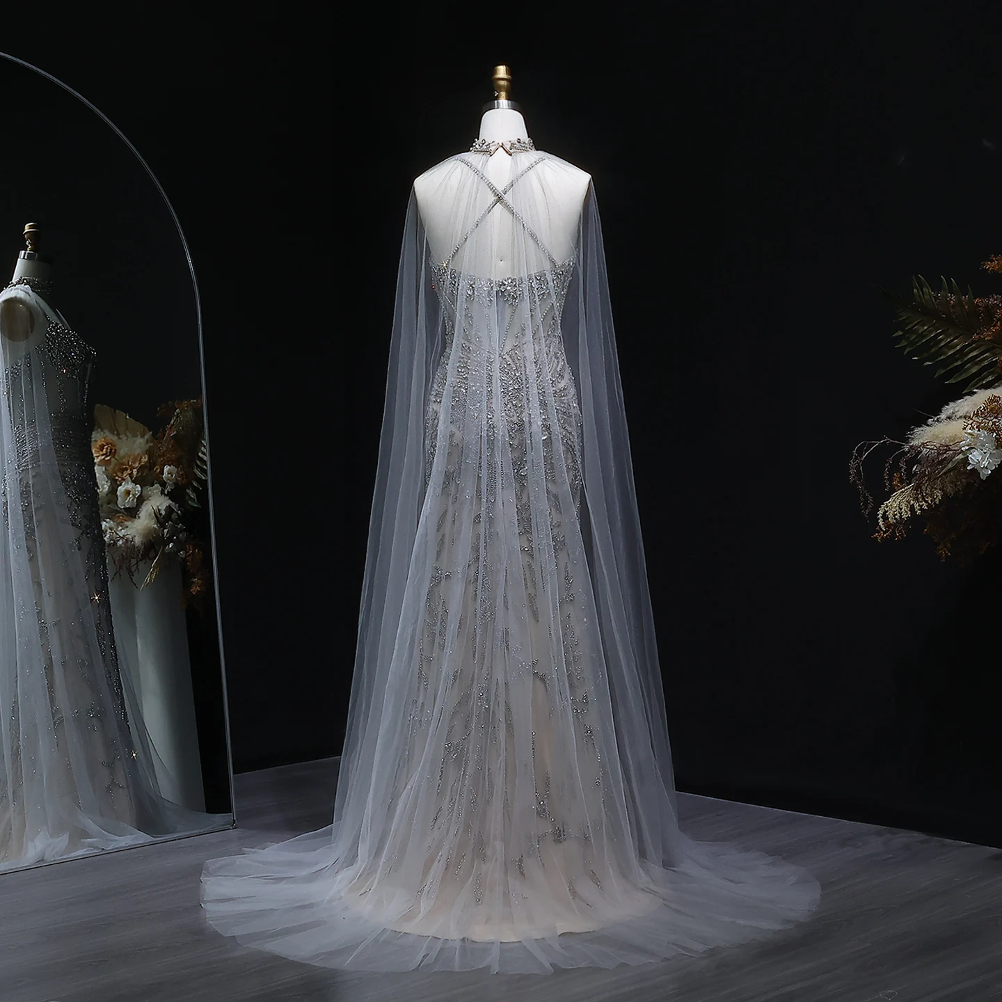 Sharon Said Luxuriöses Champagner-Abendkleid mit Cape-Ärmeln und Spaghettiträgern für Damen, Hochzeit, Party, Ballkleid SS071, Maßanfertigung – Detail 8
