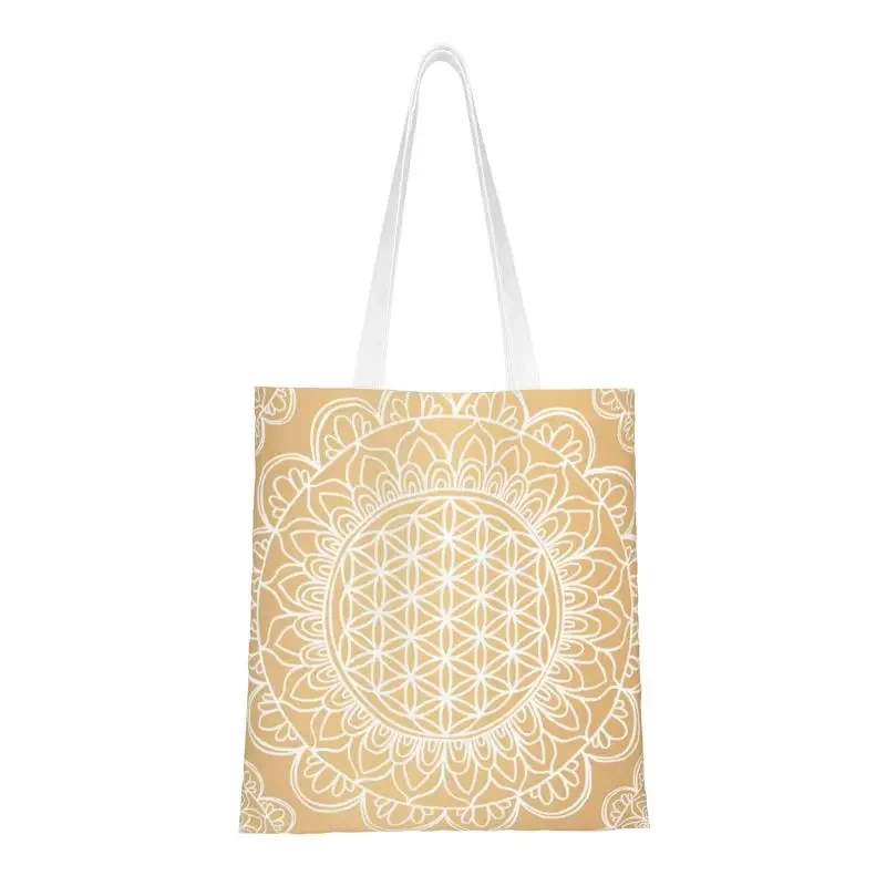 

Custom Golden Flower Of Life Mandala Shopping Canvas Bag Women Reusable Groceries Sacred Geometry Shopper Tote Bags