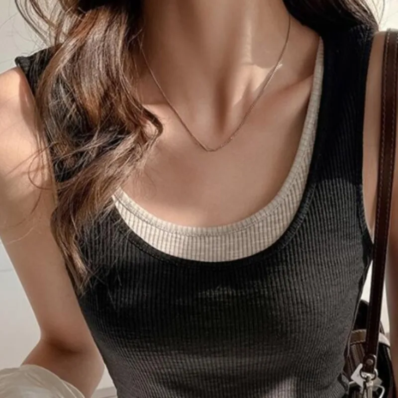 Y2k Fake 2 Pieces T Shirt For Women Color Blocking Spring Summer Ropa De Mujer Versatile Vintage Short Tank Tops