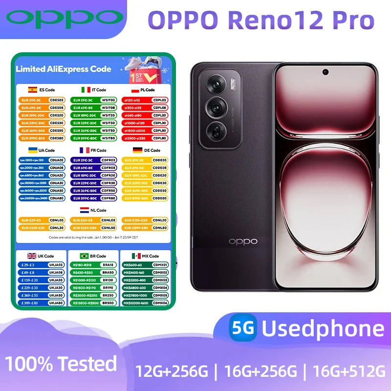 Oppo Reno 12 Pro 5g SmartPhone Android CPU Dimensity 9200+ 6.7-inches OLED 120hz Screen 50MP Camera 5000mAh 80W Used Phone