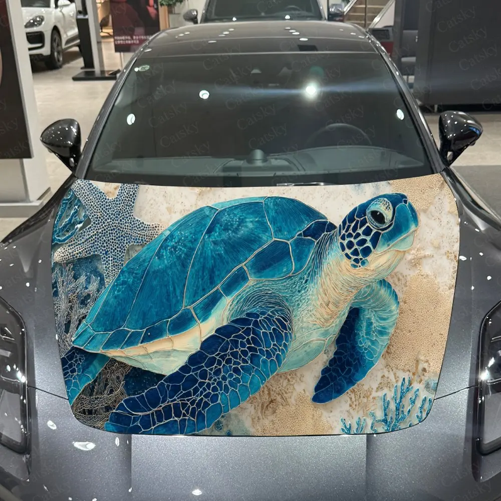 Lively Underwater Turtle Car Hood Stickers - Self-Adhesive, Waterproof and Durable Vinyl Wrap, Decorate And Protect Your Car - T
