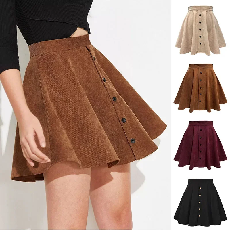 Fashion High Waist Pleated Fluffy Skirt Women Elegant Single-Breasted Design Corduroy A-Line Skirts Autumn Winter Mini Skirts