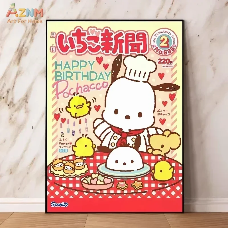 AZNM Sanrio Ichigo Shinbun Kuromi Cinnamoroll Canvas Print Frameless Wall Art Cute Anime Poster Bedroom Home Decor Painting
