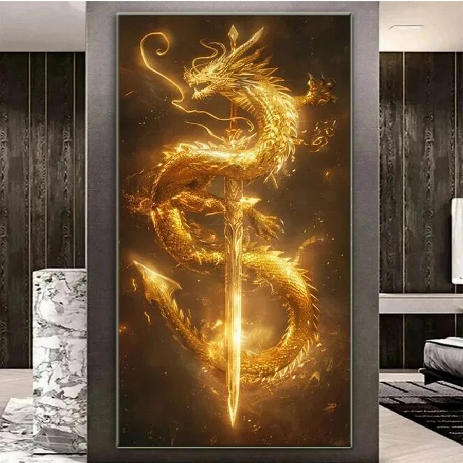 Chinese Gold Dragon Sword landscape diamond embroidery cross stitch diamond painting full drill mosaic big size lucky animal art