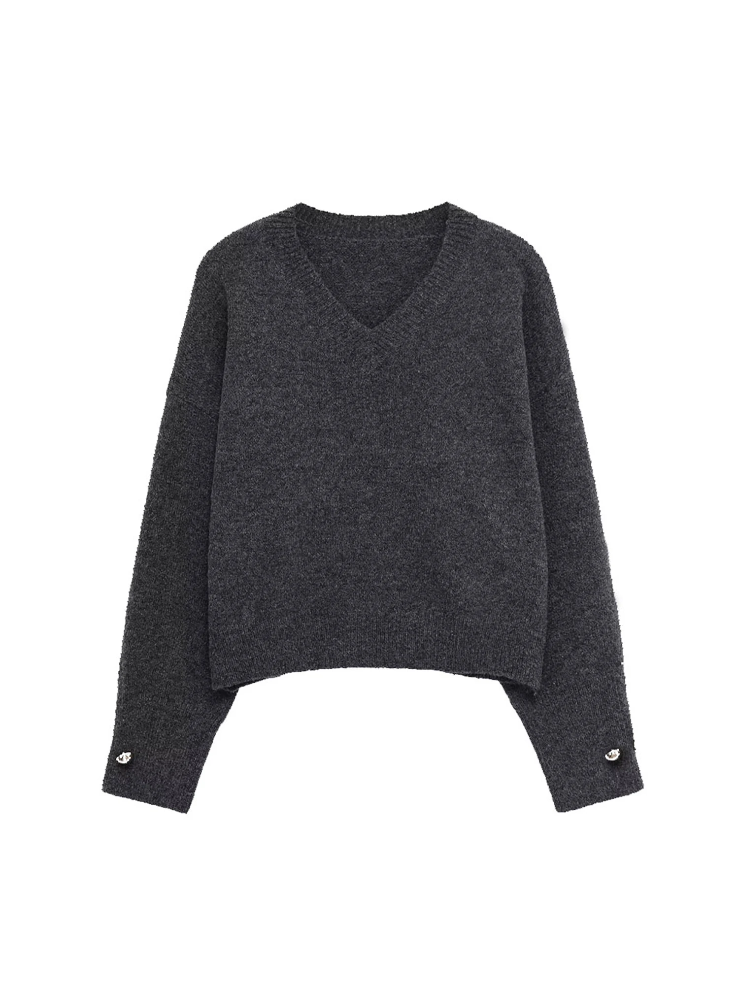 

Women's Grey Pullover Sweater Vintage Elegant 2000s Y2k Jumper Knit Long Sleeves V-Neck Soft Cozy Sweater Spring Autumn Clothes