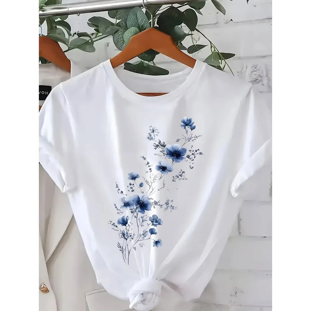 Women Floral Print T-Shirt  Blue Floral Design Casual Crew Neck Short Sleeve Minimalist Fresh And Stylish Abstract Floral Design