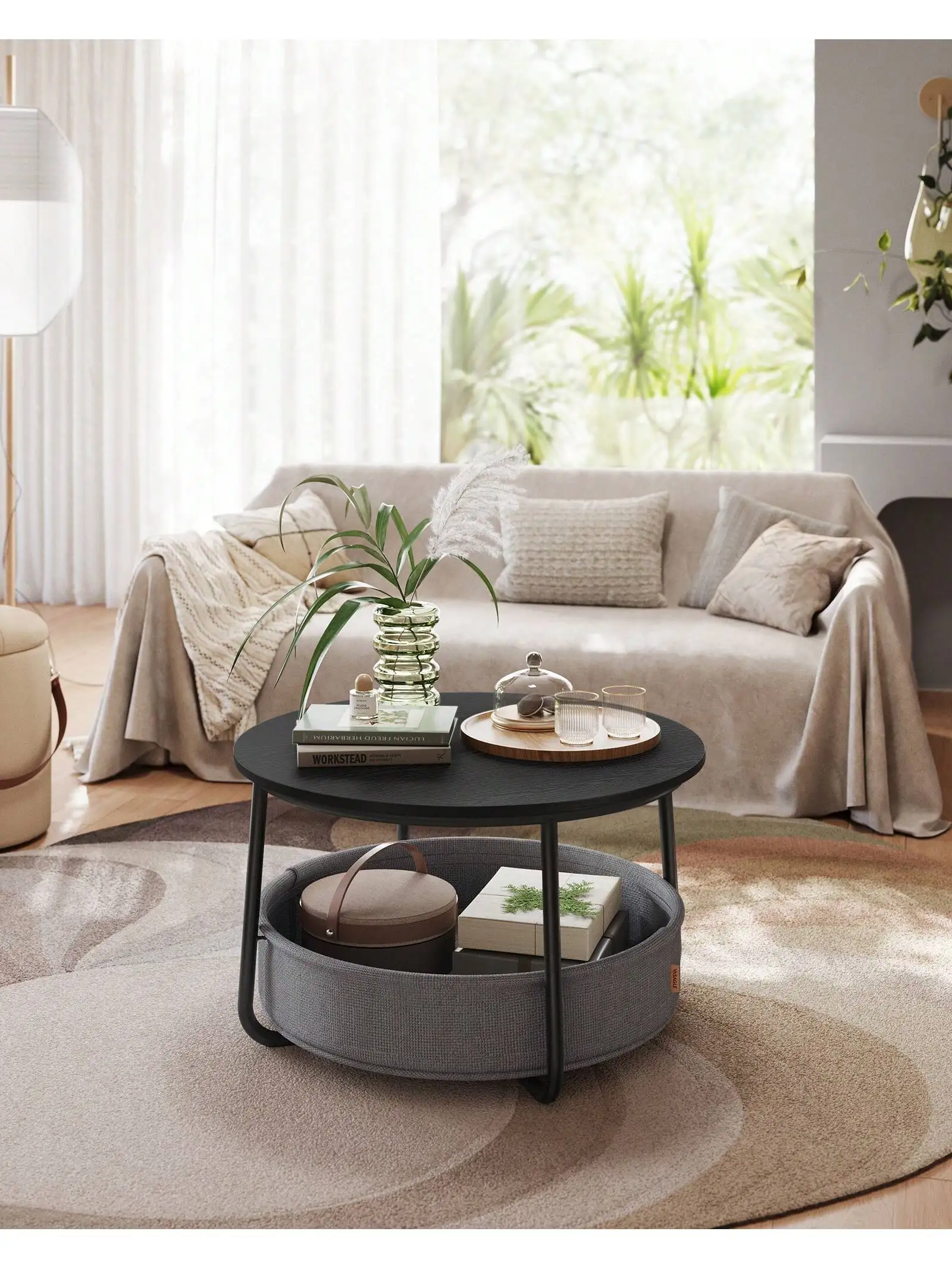 Tavolino rotondo VASAGLE: cestino in tessuto, spazioso, soggiorno/camera da letto, comodino, stile moderno, ebano nero/grigio ardesia