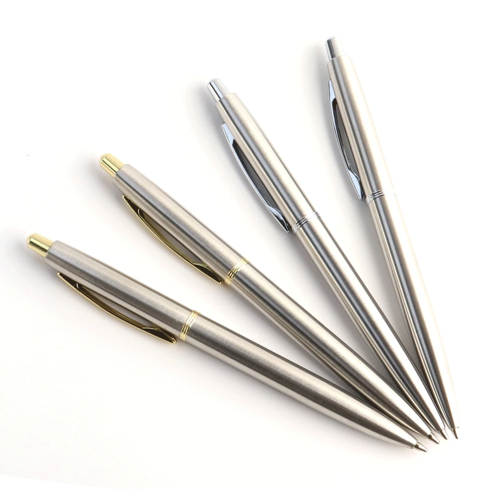 Metal Ballpoint Pen Stainless Steel Push Style 0.7mm Blue Black Ink School Stationery Supplies Color Silver Gold Pens