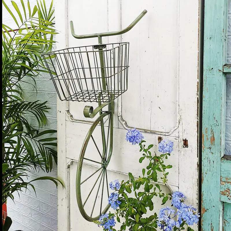 Wrought Iron Bicycle Flower Basket Wall Decoration Items Outdoor Garden Balcony Wall Accessories Art Home Courtyard Wall Sticker