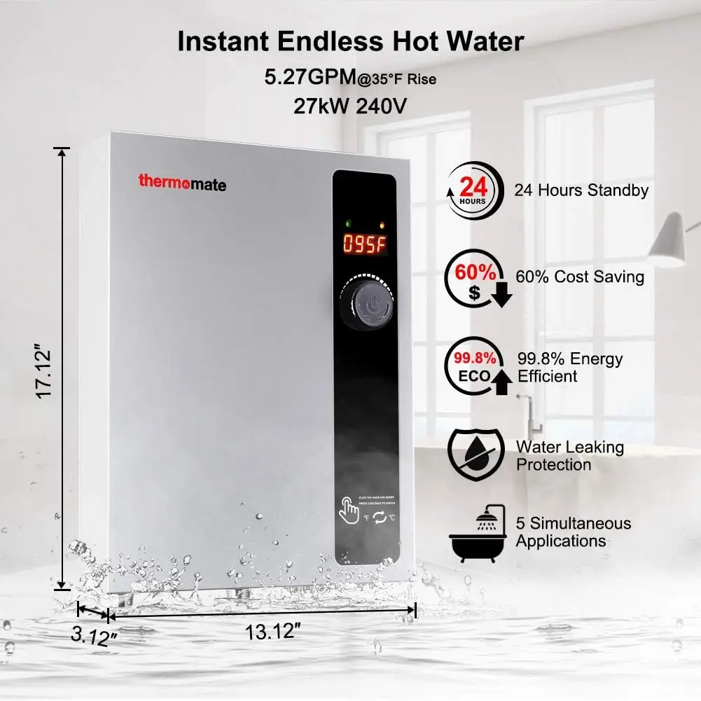 Water Heater Electric 27kW 208~240 Volt, thermomate On Demand Instant Endless Hot Water Heater, Digital Temperature Dis