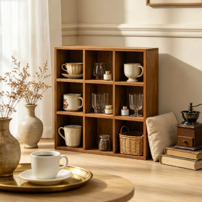 Cherry Wood Shelf Wall Mounted Double-Layer Lattice, Sturdy Solid Wood Tea Storage Rack Organizer for Living Room, Tea Room