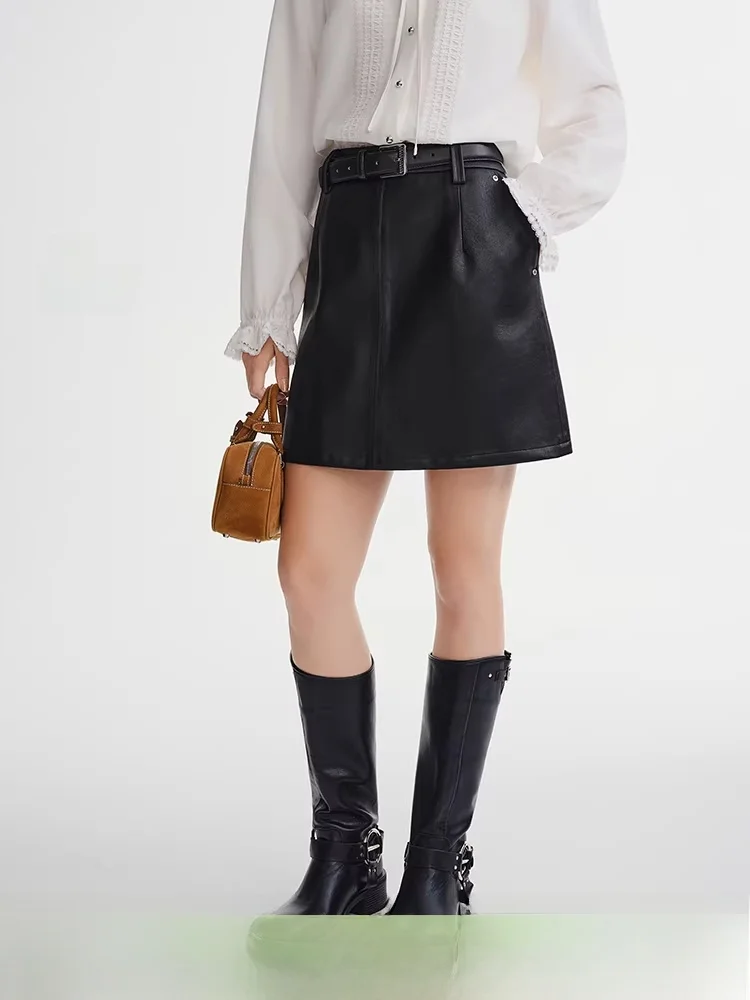 

Кожаная юбка трапециевидной формы с высокой талией больших размеров, женская модная черно-коричневая зимняя новинка, женская юбка грушевого цвета