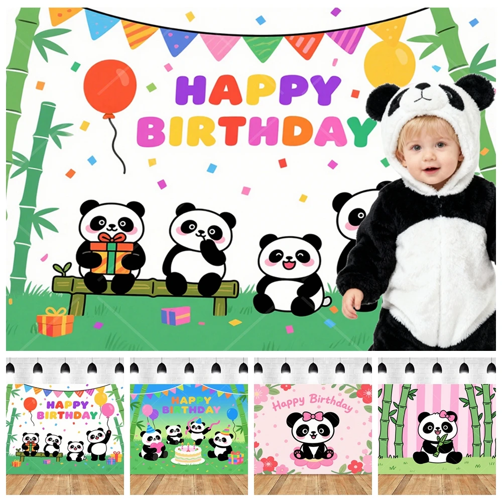 

Cute Panda Bamboo Cartoon Birthday Party Backdrop Kids Portrait Photography ​​Custom Background Conservation Eco Friendly