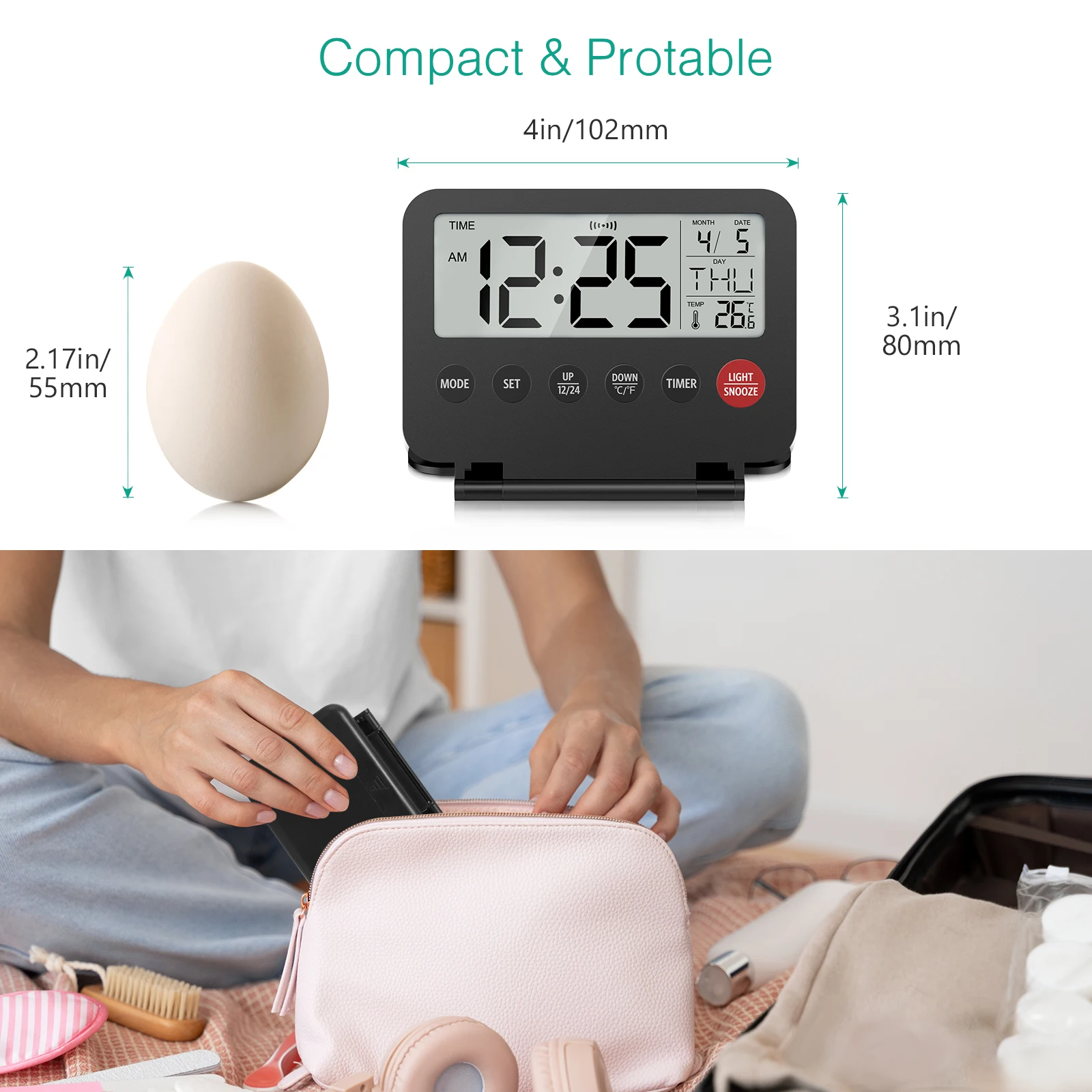 ORIA Reloj despertador digital plegable – LCD pequeño para viajes - imagen 3