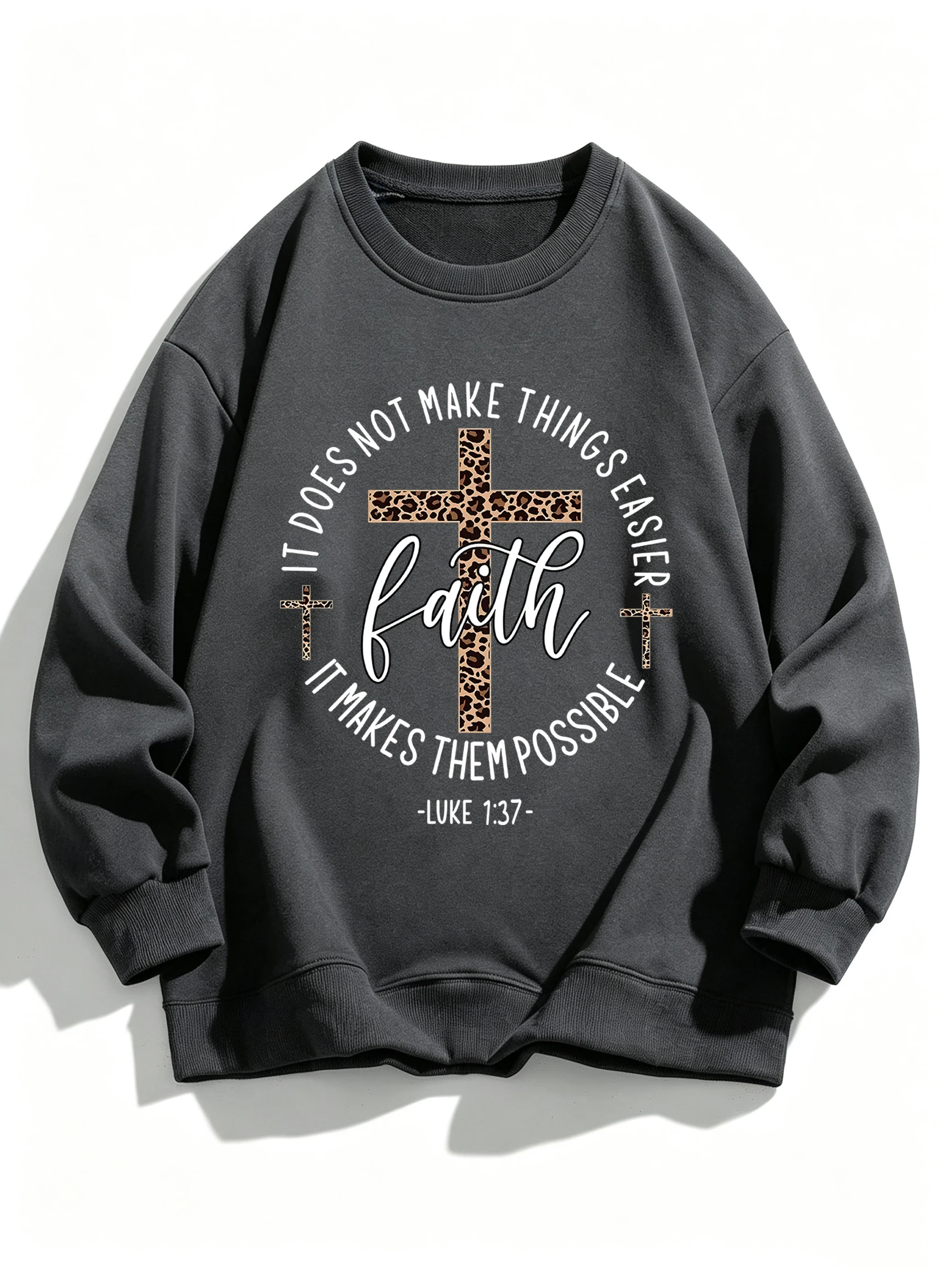 Faith Make Possible Print Women Casual Loose Sweatshirt Fleece O-Neck Pullover Autumn All-Match Clothes Comfortable Sport Tops
