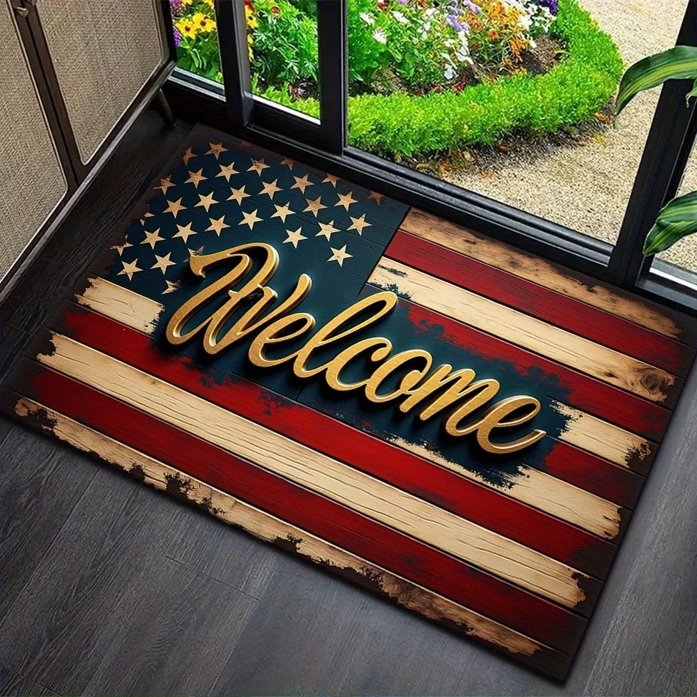 Vintage American Flag Welcome Print Doormat Rustic Wood Effect Design Non Slip Floor Mat for Patriotic Decor
