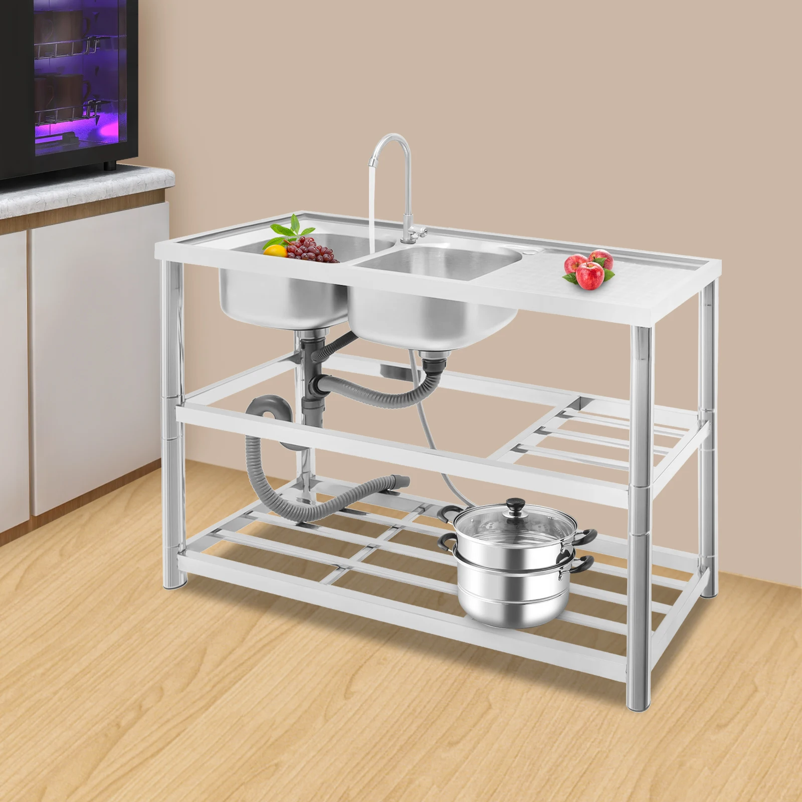 Fregadero doble independiente de acero inoxidable, juego de fregadero de cocina con 360 °   Grifo y escurridor giratorios, estante de almacenamiento de 3 capas