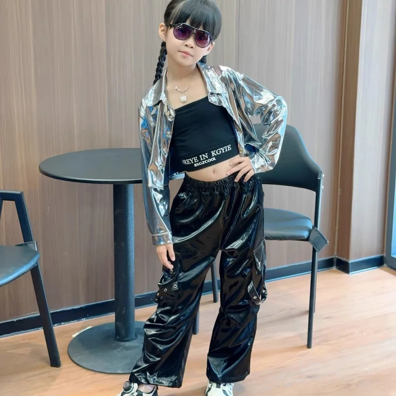Children's Jazz Dance Costume, Girls' Exposed Navel JAZZ Gray Leather Suit, Street Dance Performance Model Walking Suit