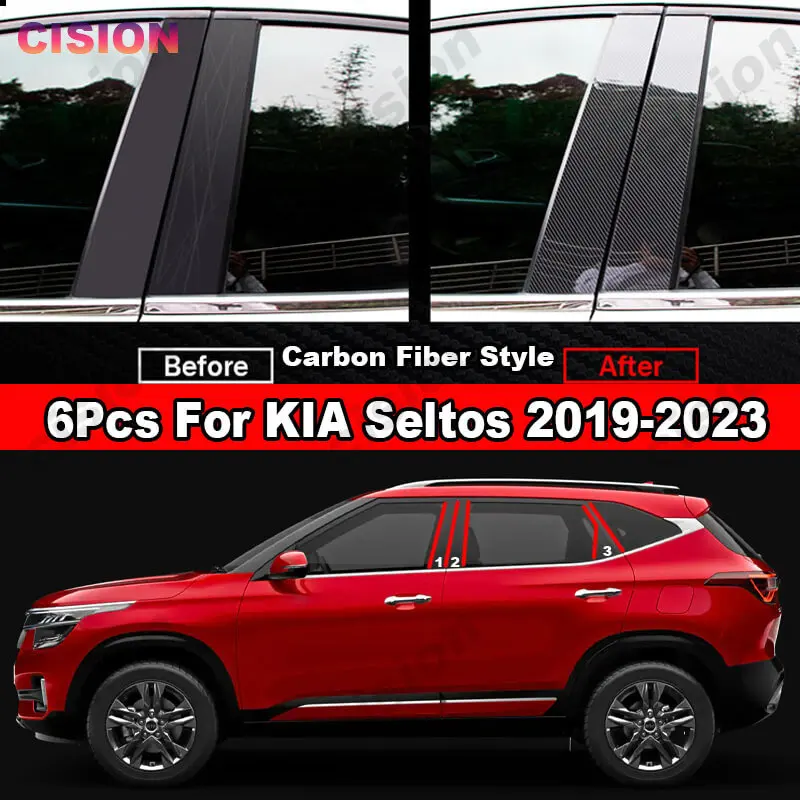 For KIA Seltos 2019-2023 Carbon Fiber Mirror Effect Window Door Column Center B C Pillar Post Cover Trim Glossy Black PC Sticker