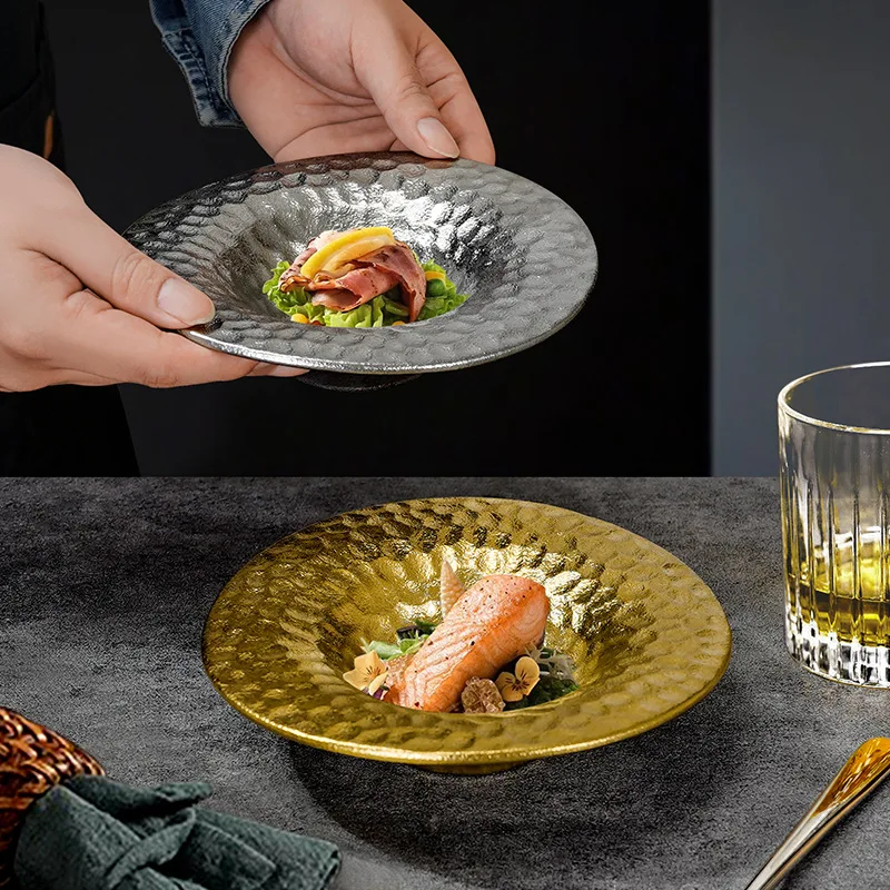 

European Ceramic Western Dinner Steak Plate with Golden and Silver Colors Straw Hat Bowl Household Fruit Salad Dessert Plate New