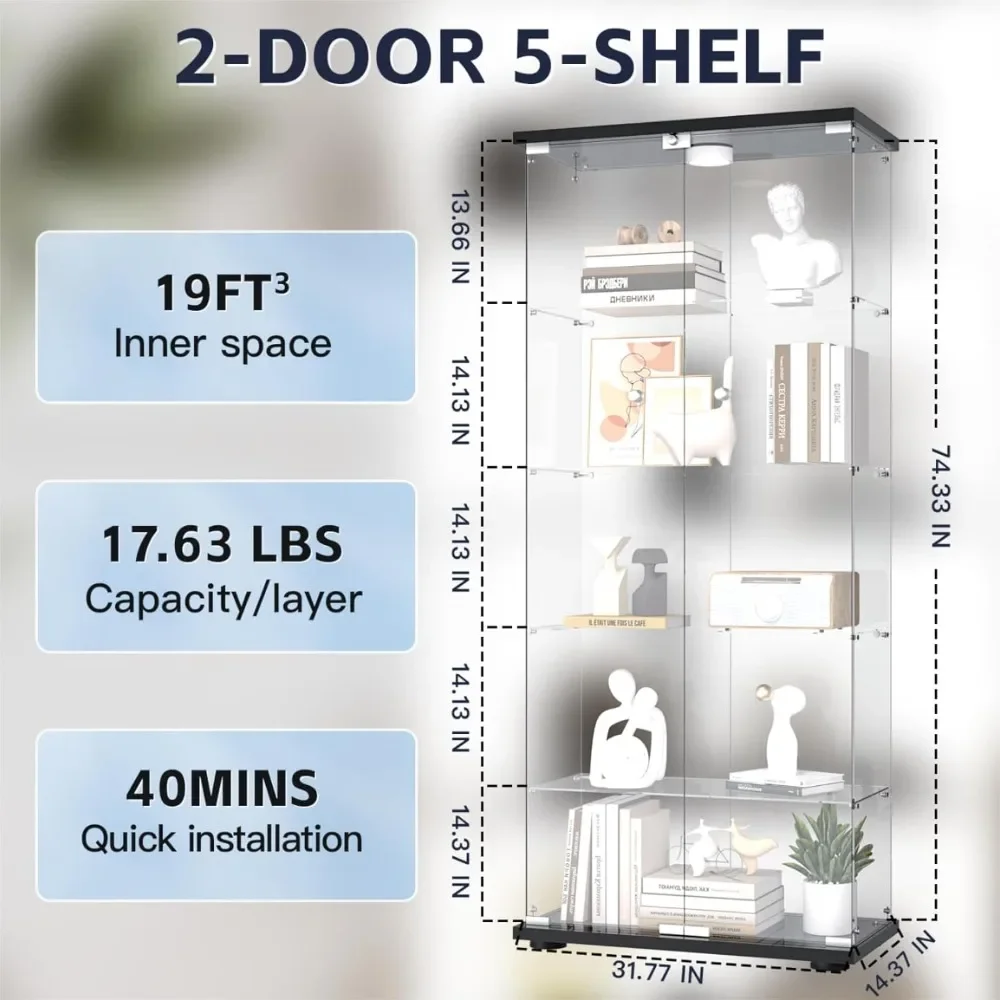 Glass Display Cabinet, 5 Shelves with LED Lights, Bookcase with 5mm Tempered Glass, Floor-to-ceiling Glasss Storage Cabinet