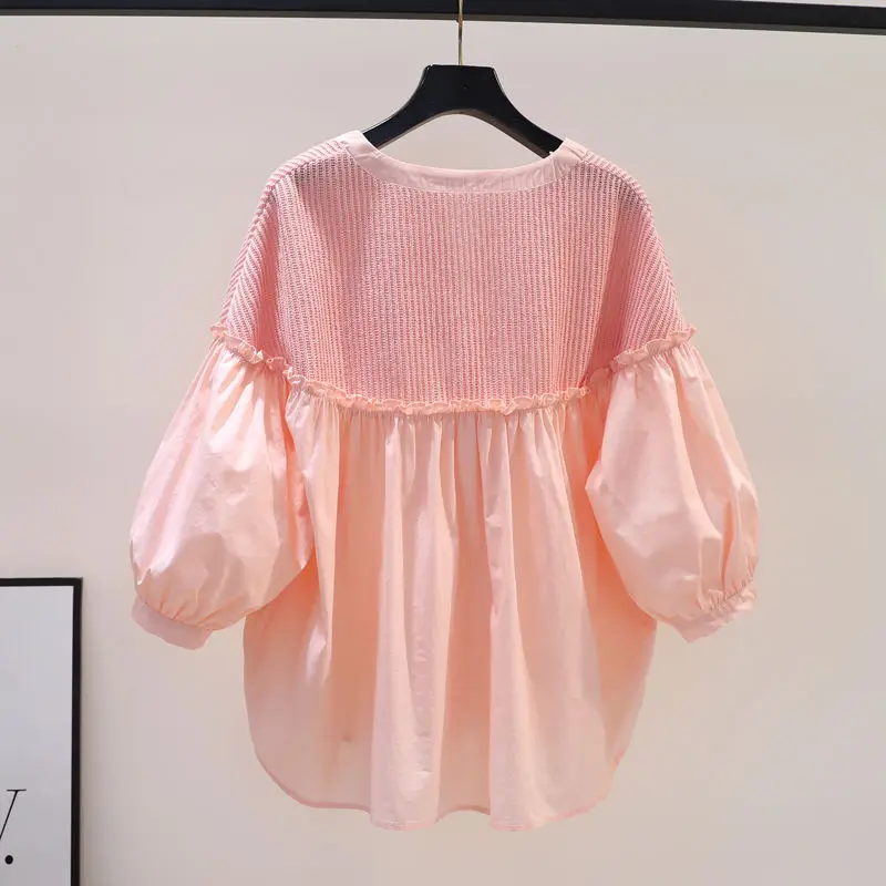 Korean Pink Lantern Sleeves Sweet Doll Shirt Summer Ear Edge Shirt Knitted Spliced Cotton Loose Women's Shirt
