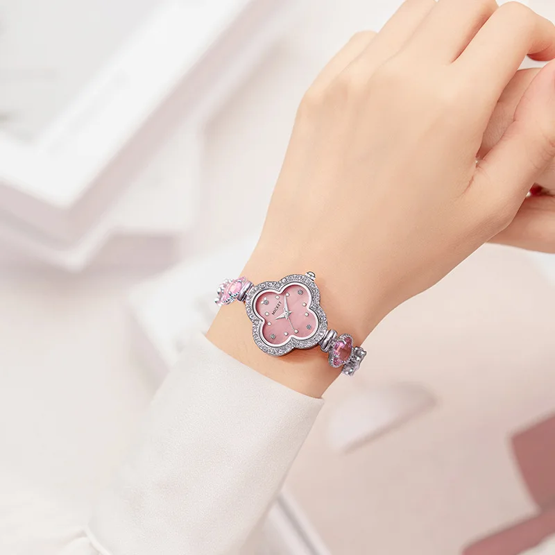 Disney For Women Watch Mickey Mouse Quartz Wristwatch Four Leaf Clover Bling Crystal Girl Lady Lovely Bracelet Relogio Feminino