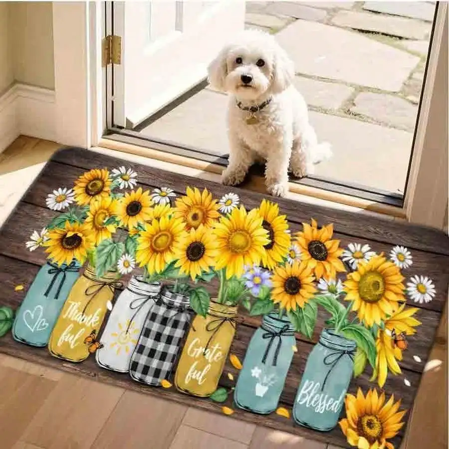 1pc Flannel Floor MatRustic Sunflower Mason Jar Print Non-Slip Kitchen Floor Mat Decorative Area RugNon-Slip, Machine Washable, Soft Area Rug For Home Living