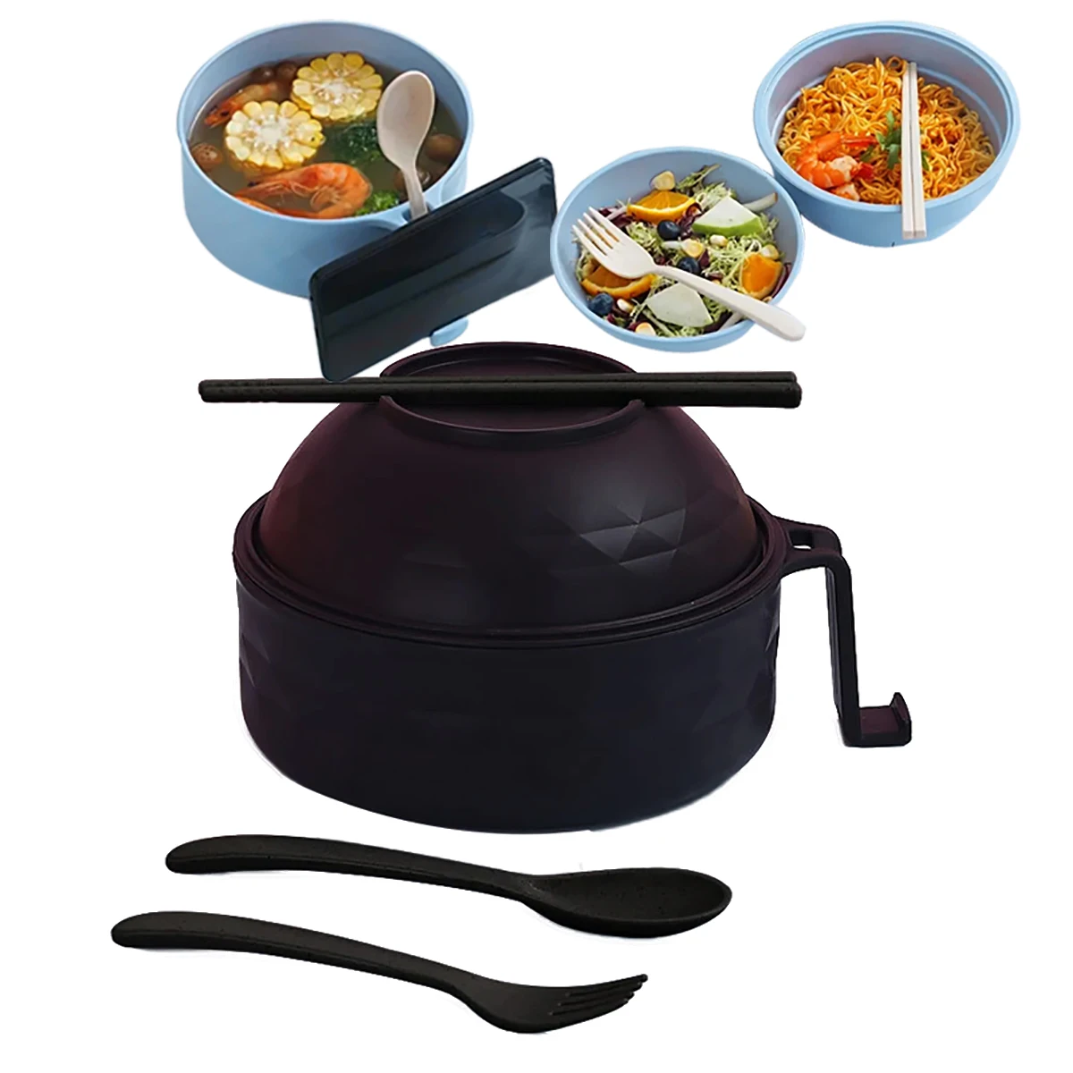 Microwave Ramen Bowl Cooker Set - Wheat Straw Instant Noodles Bowl with Handles, Ramen Noodle Cooker with Spoon Chopsticks Fork