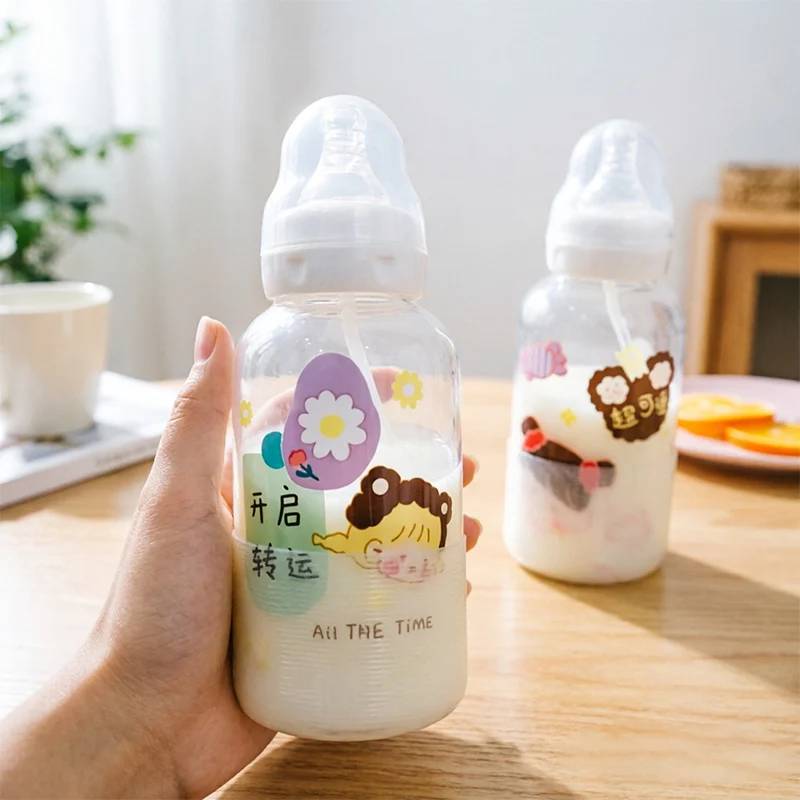 Cute Girl Transparent Glass Bottle, Creative and interesting Pattern, Personalized Straw Cup, Student and Couple Portable Cup