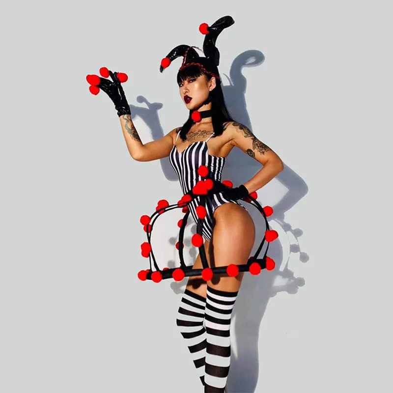 Nightclub Gogo Dance Costume Clown Striped Bodysuit Singer Stage Wear Rave Outfit Drag Queen Clothes Festival Clothing VDB5646