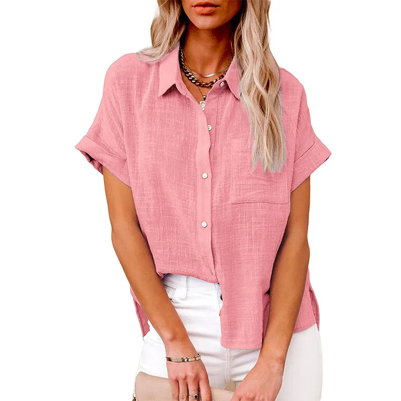 Summer Women Flax Linen Pocket Blouse Shirts Casual Short Sleeve OL Workout Loose Blouse Tops LRFZ-6022