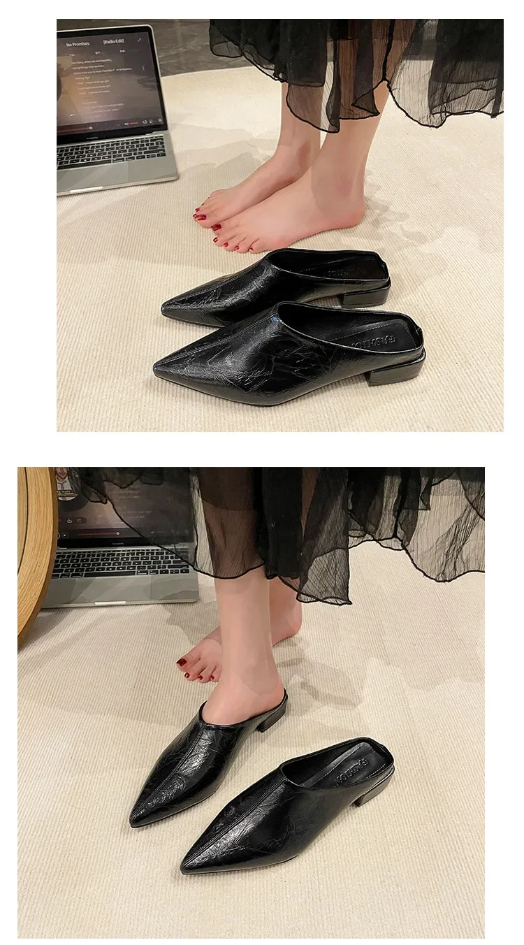 Hochhackige Einfache Damen-Baotou-Halbpantoffeln Spitze Sommer-Abendschuhe Einfarbige Hohe Absätze Schwarze Schuhe – Detail 4