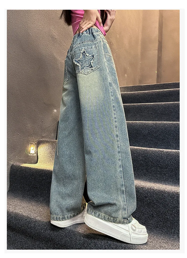 5-14 Jahre Frühling Herbst Mädchen-Jeans, modische Retro- und Vintage-Hose mit fünfzackigem Sternmuster und Stickerei, weit geschnittene Hose für Teenager-Mädchen – Detail 18