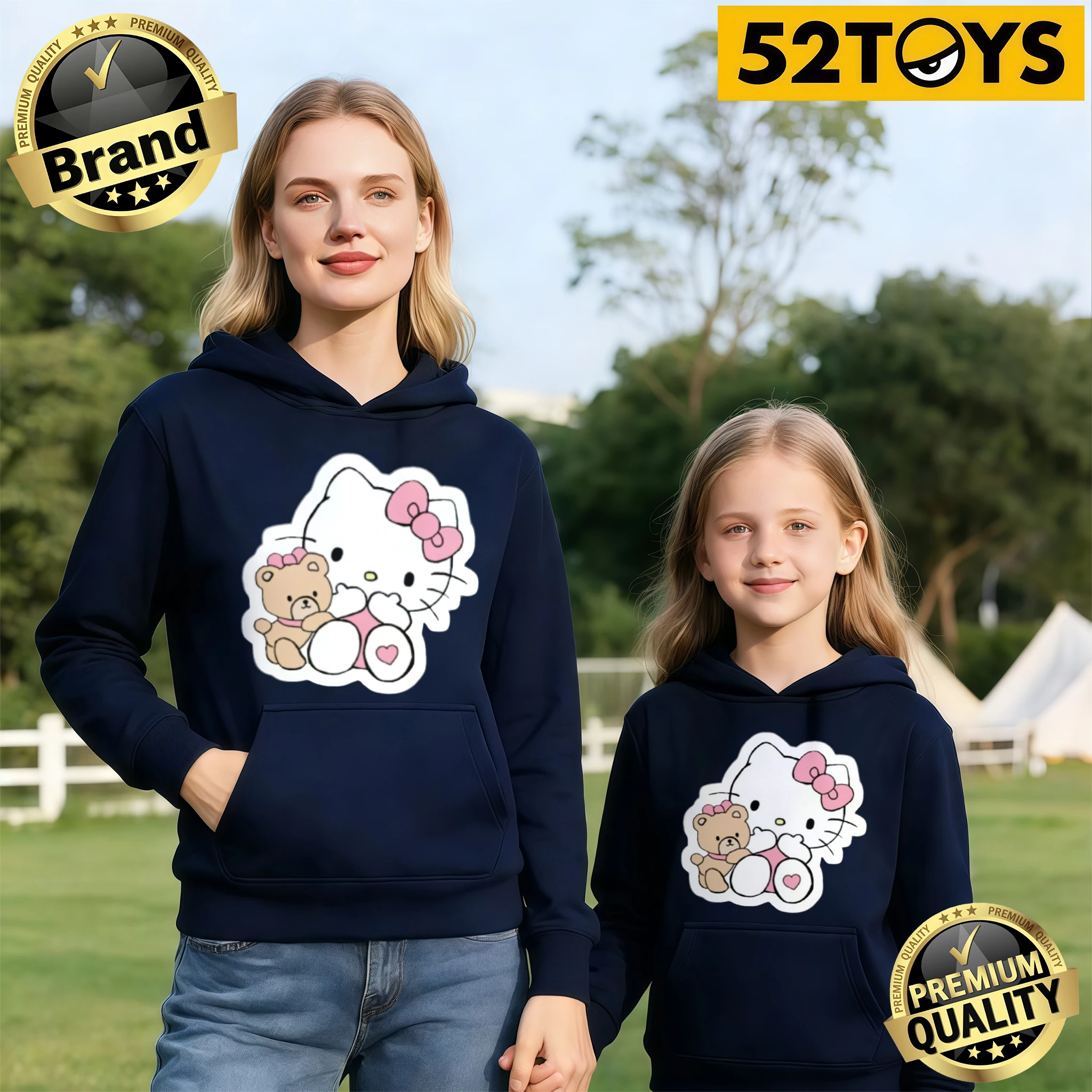 

Модные худи для родителей и детей с принтом Hello Kitty и плюшевого мишки, 100% хлопок, осень-зима 2026, высокое качество, свободный крой, повседневный стиль Y2K