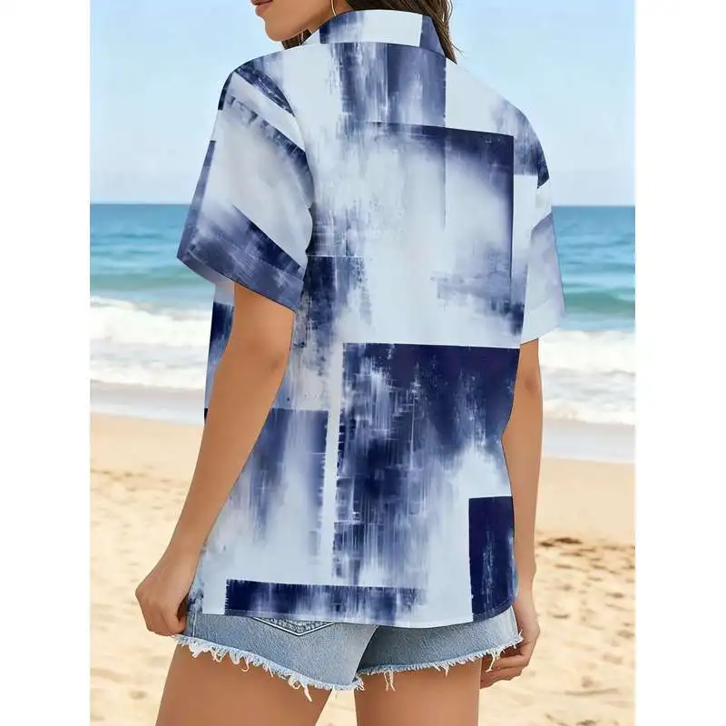 New Women's Short Sleeve Shirt Blue Gray Ombre Gradient Textured Mottled Hazy Pattern Commuter Versatile Casual Top Button Print
