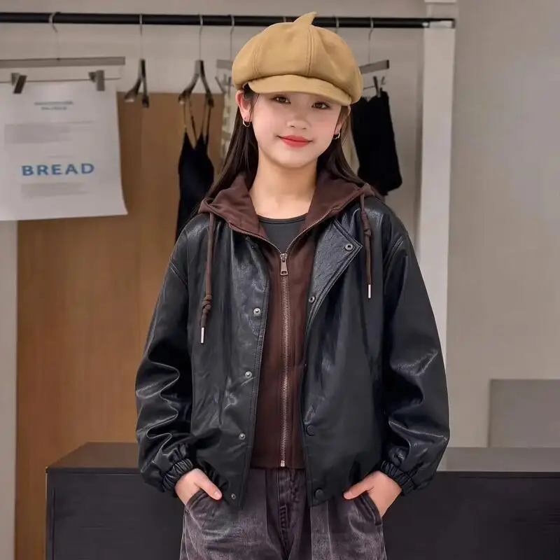 2026 Big Kids Boys Girls Spring Autumn New Korean Versatile Hooded Fake Two Piece Leather Jacket Coat Outerwear Teens Streetwear