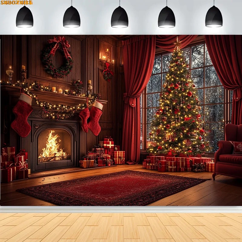

Christmas Day Wreath Family New Year Party Photography Backdrops Prop Window Living Room Xmas Tree Gift Snow Background WD-15