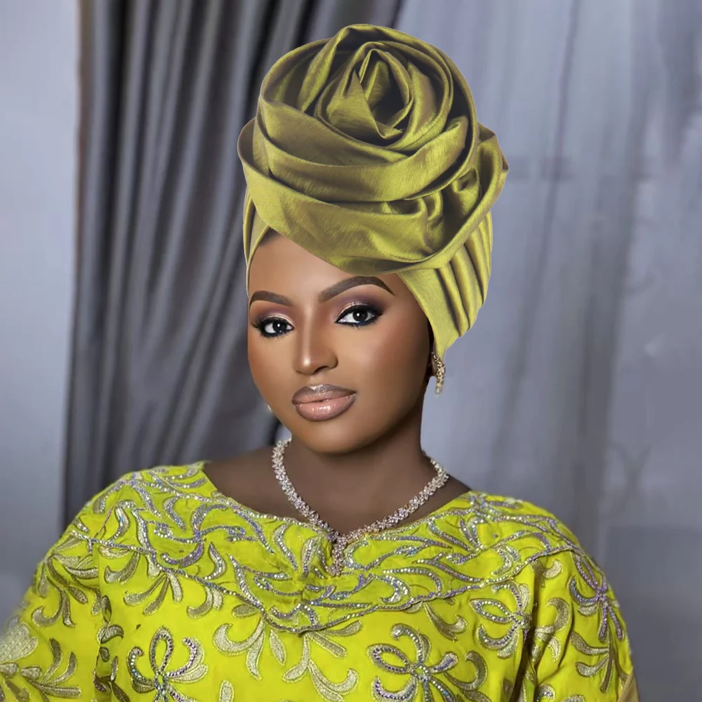 Big Rose Flower Turban Cap for Women Raw Silk Head Wraps African Lady Head Cover Hat Nigeria Wedding Party Headgear