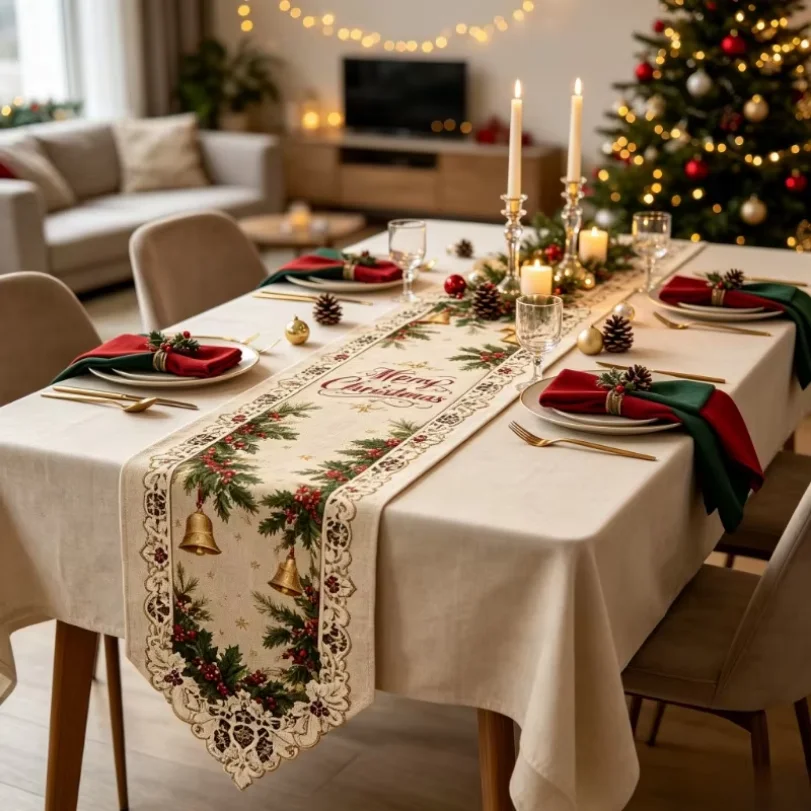 1PCS Christmas Party Festival DIY Decor Table Runner Polyester Material Christmas Party Festival DIY Decor Table Runner Lace