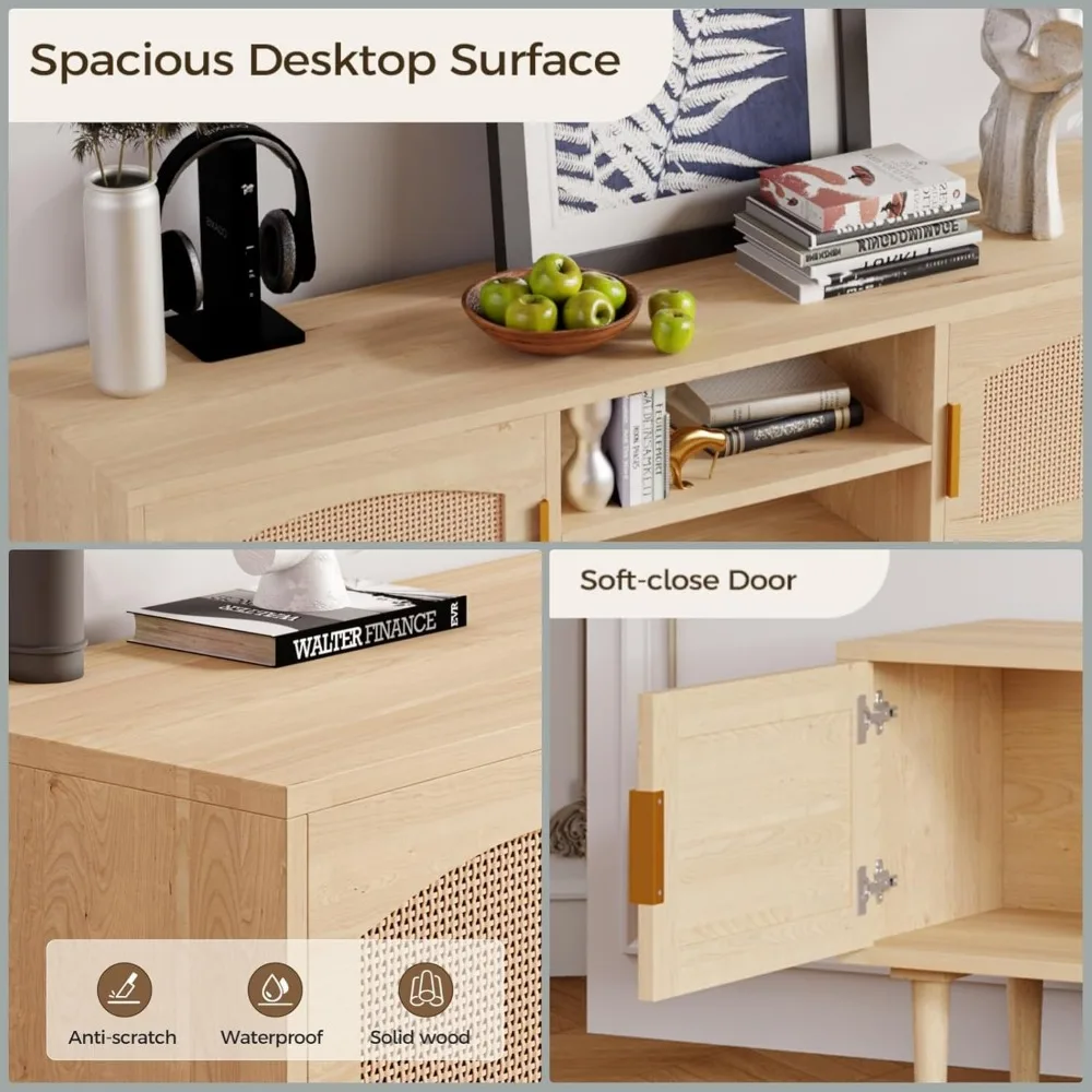 حامل تلفزيون، وحدة تحكم تلفزيون وسائط للتلفزيون حتى 60 بوصة، مركز ترفيه مخدد مع بابين بتصميم روطان، وخزانة تلفزيون بأرجل خشبية و #4