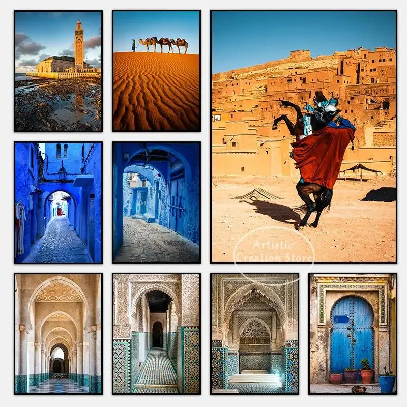 Moroccan Blue City  Desert Camel Photography Art Poster Canvas Prints  Old City Architecture Wall Decor