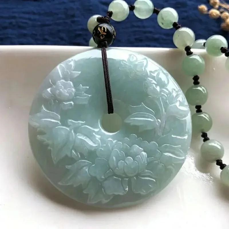 

Certificate Natural Emerald Peony Flower Jade Pendant Bead Necklace Charm Jewellery Fashion Hand-Carved Man Woman Luck Amulet